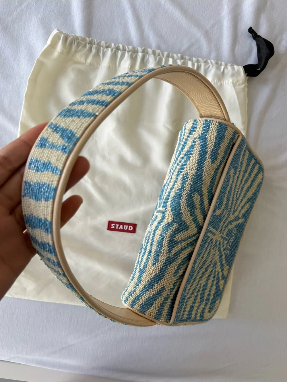 STAUD Blue and Cream Zebra Beaded Shoulder Bag - Picture 5 of 6